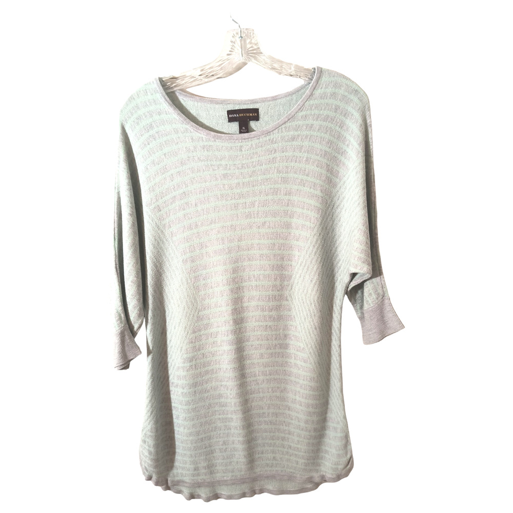 Dana Buchman Sweater Top Women's Size XL Green Gray Striped Half Sleeve Pullover